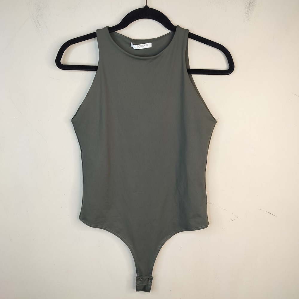 REORIA Bodysuit Womens Medium Sleeveless Olive Green Stretchy‎ Minimalist Thong
